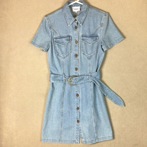 Nanushka Denim Mora Wash 80’s Style Belted Dress Women’s size M - Picture 1 of 14